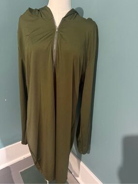 Shein Curve 1X/2X Olive Green Hooded Shirt Dress Zip Neck Long Sleeve Stretch